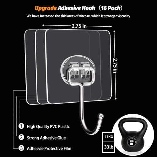 DKHDBD Large Adhesive Hooks, 16-Pack Hold 33lb(Max) Heavy Duty Sticky Hooks, Waterproof Transparent Hooks for Hanging, Self-Adhesive Traceless Clear Wall Hooks to Use for Keys Robe & Towel - Image 2
