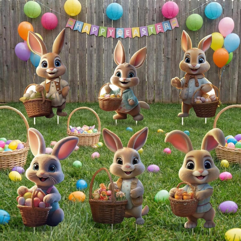 sewrung 6 PCS Outdoor Easter Bunny Decorations - Bunny Yard Signs with Stakes - Waterproof Lawn Signs for Spring Home Decor - Image 1