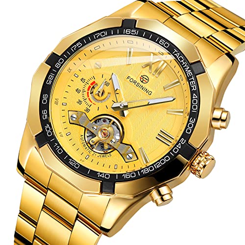 FORSINING Men's Mechanical Wach Stainless Steel Tachymeter Luxury Self Winding Roman Numeral Dial Wrist Watch (Gold) - Image 2