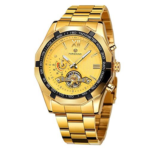 FORSINING Men's Mechanical Wach Stainless Steel Tachymeter Luxury Self Winding Roman Numeral Dial Wrist Watch (Gold) - Image 1