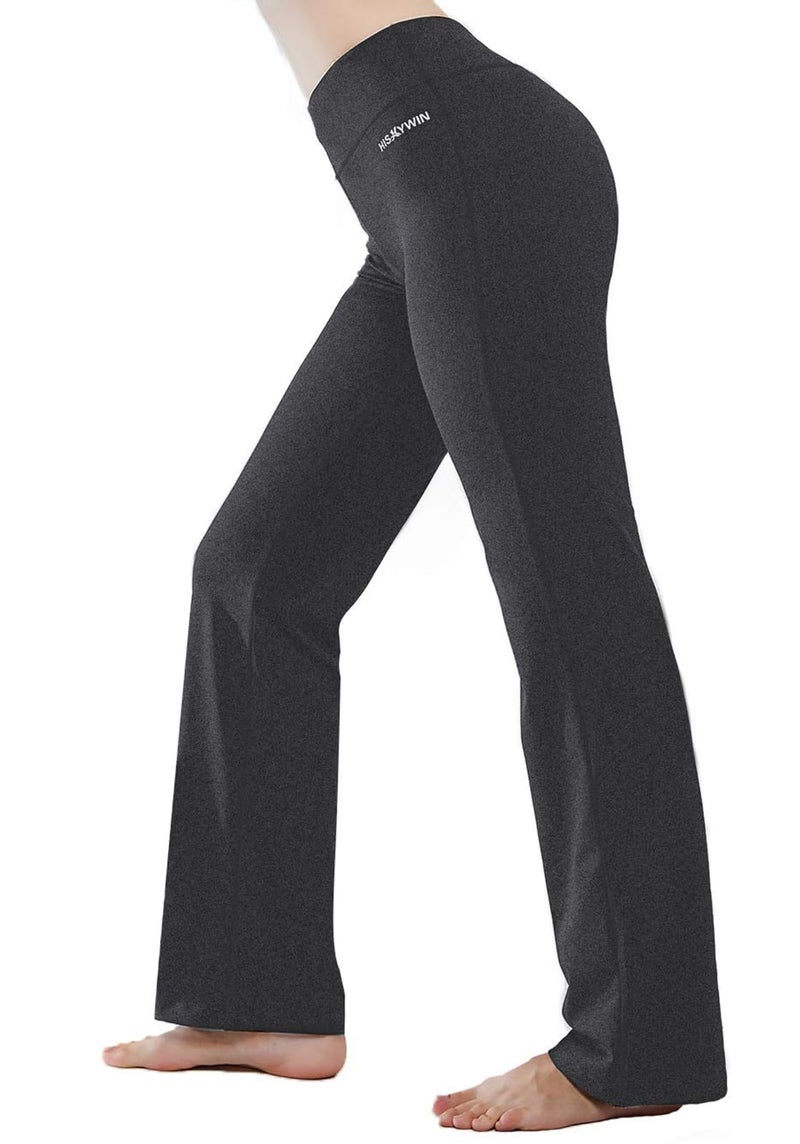 HISKYWIN Inner Pocket Yoga Pants 4 Way Stretch Tummy Control Workout Running Pants, Long Bootleg Flare Pants HF2-Dark Grey-L - Image 1