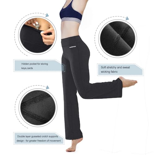 HISKYWIN Inner Pocket Yoga Pants 4 Way Stretch Tummy Control Workout Running Pants, Long Bootleg Flare Pants HF2-Dark Grey-L - Image 4