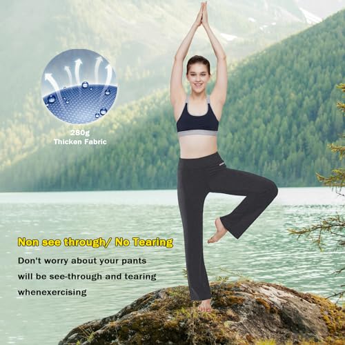 HISKYWIN Inner Pocket Yoga Pants 4 Way Stretch Tummy Control Workout Running Pants, Long Bootleg Flare Pants HF2-Dark Grey-L - Image 5