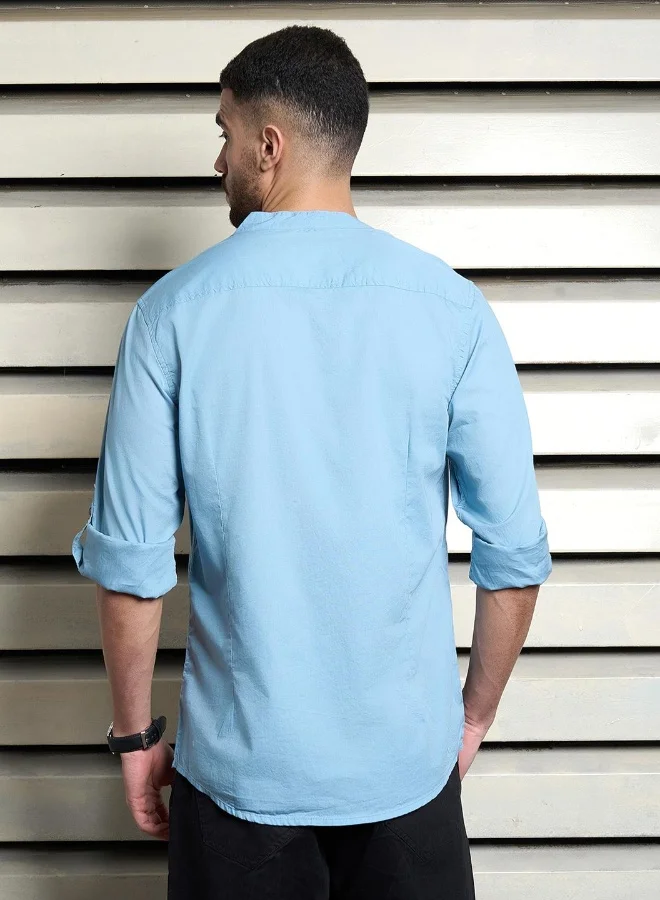 هاي ستار Men's Dusty Blue 100% Cotton Solid Pattern Button Down Regular Fit Shirt