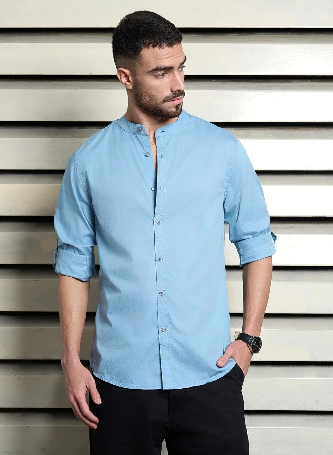 هاي ستار Men's Dusty Blue 100% Cotton Solid Pattern Button Down Regular Fit Shirt