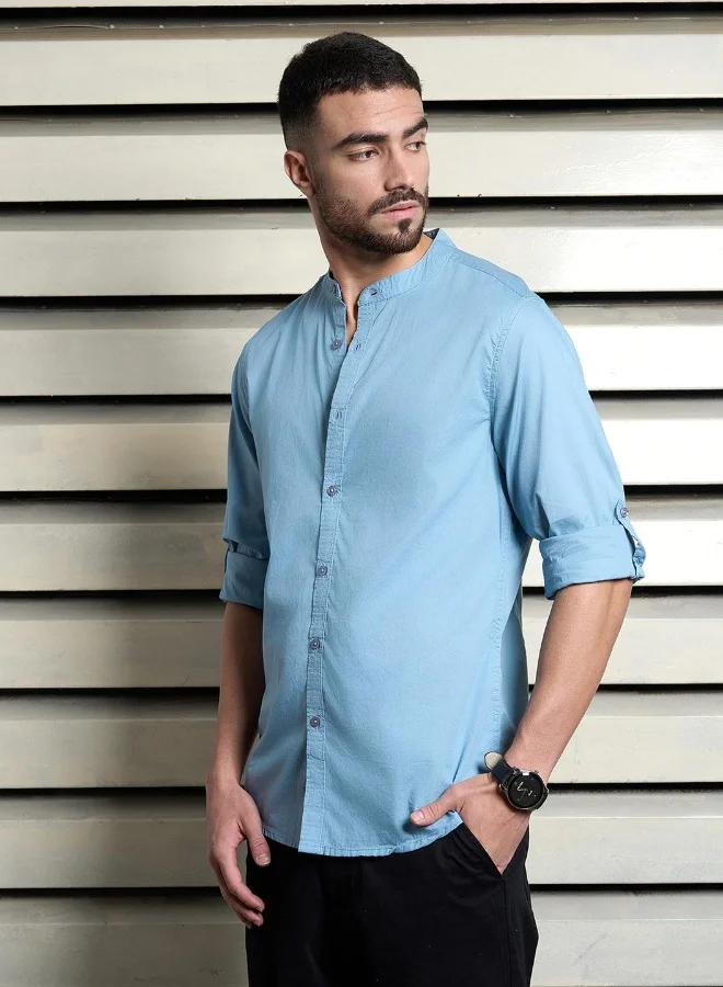 هاي ستار Men's Dusty Blue 100% Cotton Solid Pattern Button Down Regular Fit Shirt