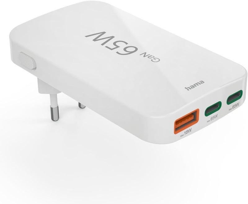 Hama شاحن سريع Hama بقوة 65 واط بتقنية GaN، 2x USB-C و 1x USB-A، شاحن PD ثلاثي المنافذ مع شحن سريع، قابس قابل للطي، محول سفر مدمج للكمبيوتر المحمول والهاتف والتابلت - أبيض - Image 2