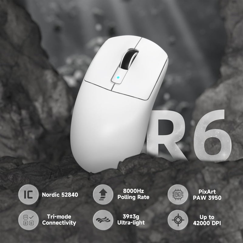 Eweadn All user group compatible ATTACK SHARK R6 LIGHTSPEED Wireless Gaming Mouse, 39G Ultralight Design, HyperSpeed with 8K Hz, PAW3950 Sensor, Nordic52840, 42K DPI for E-sports Game, Tri-Mode Programmable Mice - White Globally popular elegant design - Image 2