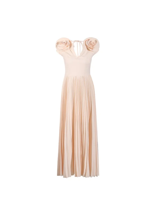 Madam Uniq Elegant Lady Style Dress with Unique Design, Pleated Long Skirt with 3D Floral Appliqué