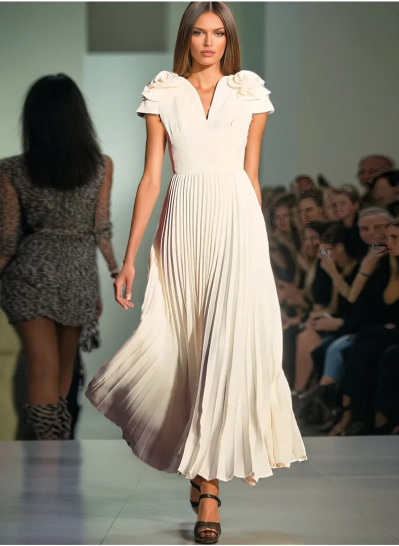 Madam Uniq Elegant Lady Style Dress with Unique Design, Pleated Long Skirt with 3D Floral Appliqué