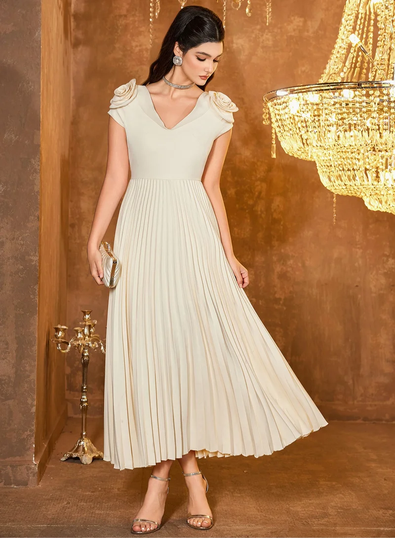 Madam Uniq Elegant Off - white Midi Dress, Petal Sleeves & Pleated Skirt, Formal/Casual Outfit