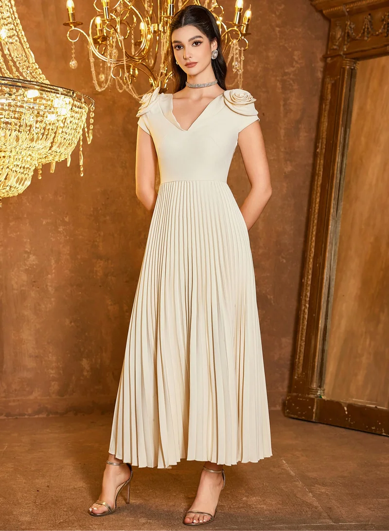 Madam Uniq Elegant Off - white Midi Dress, Petal Sleeves & Pleated Skirt, Formal/Casual Outfit