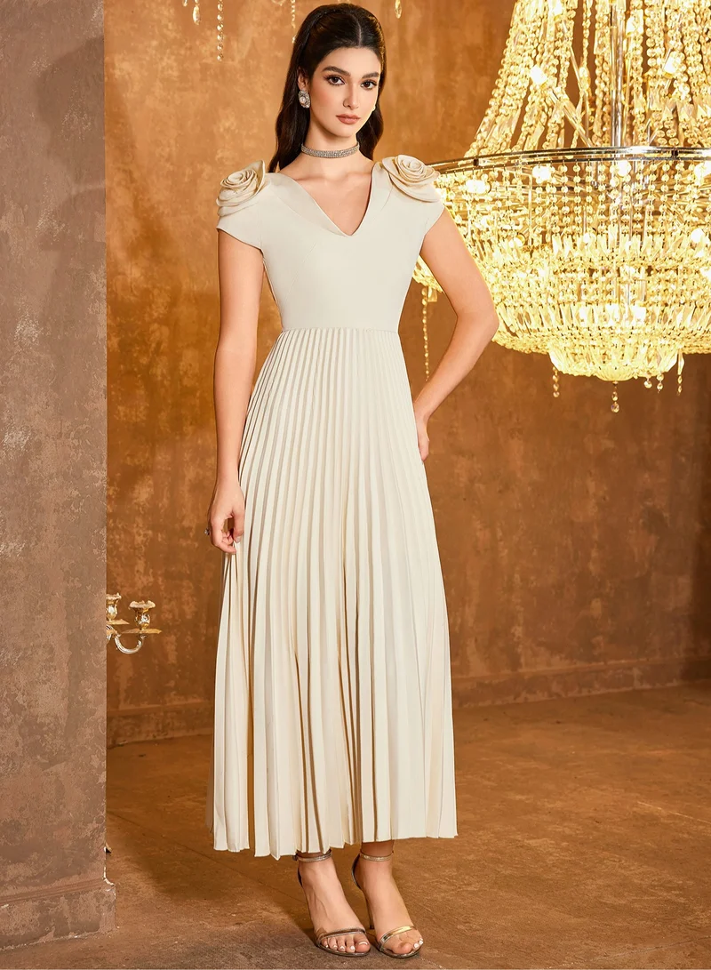 Madam Uniq Elegant Off - white Midi Dress, Petal Sleeves & Pleated Skirt, Formal/Casual Outfit