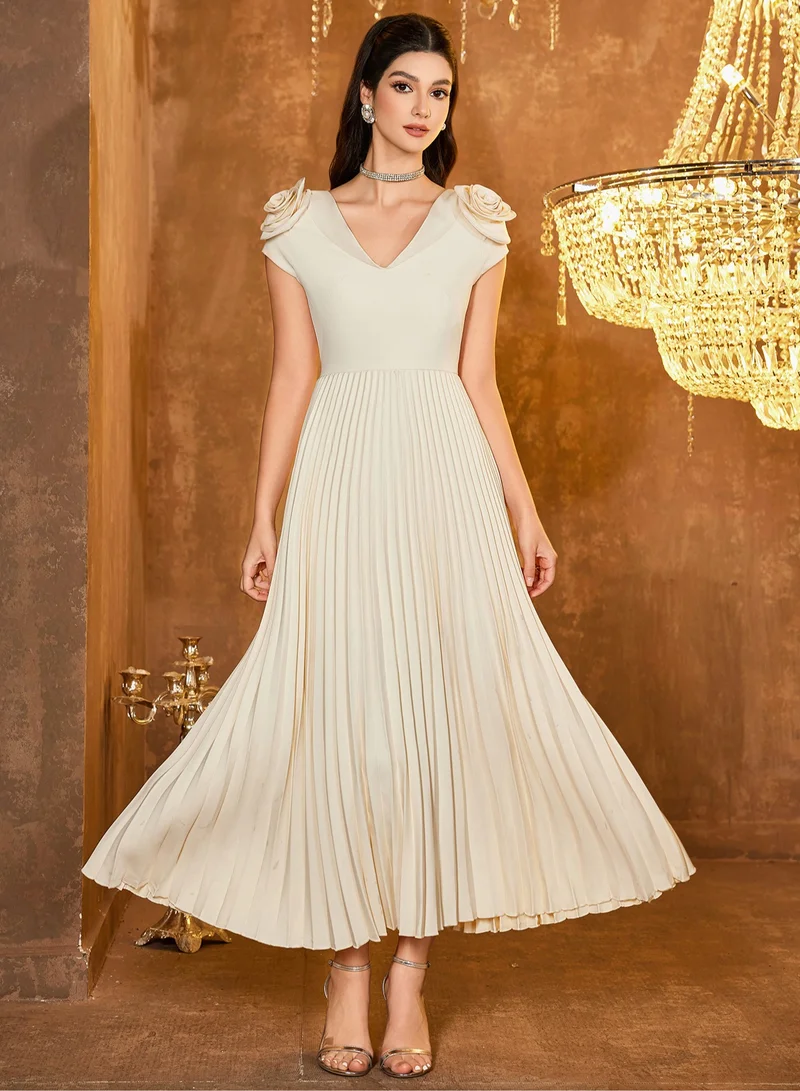 Madam Uniq Elegant Off - white Midi Dress, Petal Sleeves & Pleated Skirt, Formal/Casual Outfit