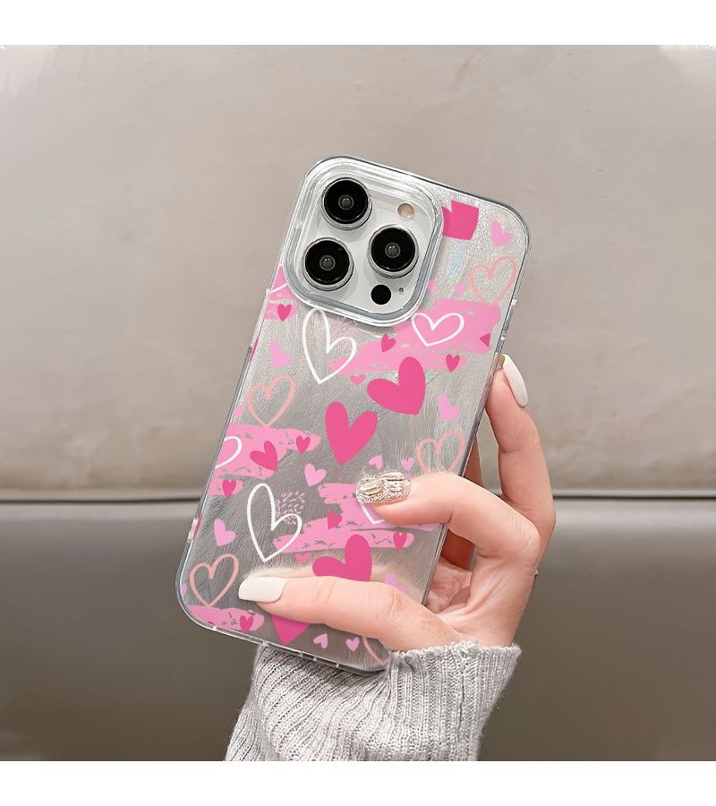 Pink White Heart Phone Case For iPhone 14 Pro Transparent Romantic Love Design - Image 1