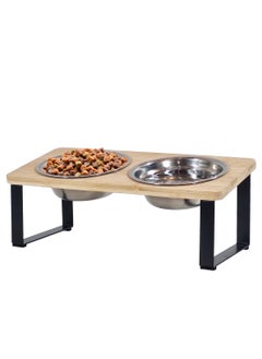 MAJIBAO Bamboo cat feeding station with Stainless steel bowls, Durable iron frame, and Non-slip bottom, Elevated pet feeder for cats & small dogs, Easy to assemble, 33 cm (Beige)  - Image 1