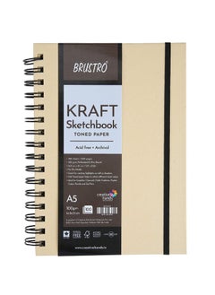 BRUSTRO BRUSTRO Toned Paper - Kraft Sketchbook | A5, 100 GSM | 100 Sheets/200 Pages |Wiro Bound, Spiral, Premium,Acid-free Paper, Ideal for Dry media, Mandala Art, Graphite, Charcoal, Colour pencils, Gel pens  - Image 1