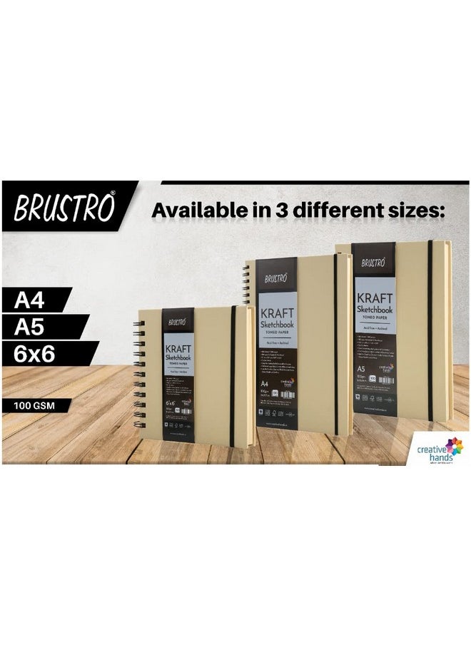 BRUSTRO - BRUSTRO Toned Paper - Kraft Sketchbook | A5, 100 GSM | 100 Sheets/200 Pages |Wiro Bound, Spiral, Premium,Acid-free Paper, Ideal for Dry media, Mandala Art, Graphite, Charcoal, Colour pencils, Gel pens - Image 1