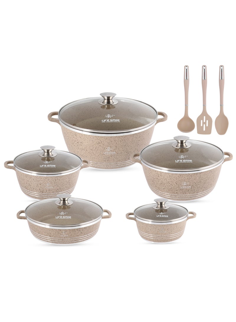 Life Smile 13Pcs Cookware Set Granite Cooking Pots And Pans- Non-Stick Cookwares Silicone Handles Tempered Glass Lids PFOA Free 1xShallow Pots , 4xSoup Pot,1xSpoon,1xSoup ladle ,1xSlotted Turner Casserole Set,Beige  - Image 1