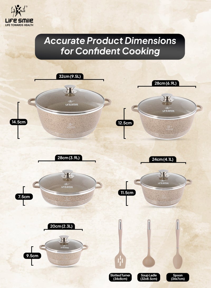 Life Smile 13Pcs Cookware Set Granite Cooking Pots And Pans- Non-Stick Cookwares Silicone Handles Tempered Glass Lids PFOA Free 1xShallow Pots , 4xSoup Pot,1xSpoon,1xSoup ladle ,1xSlotted Turner Casserole Set,Beige  - Image 3