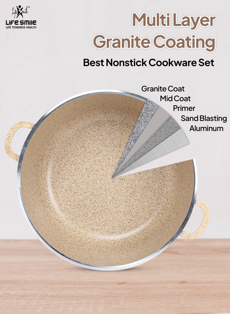 Life Smile 13Pcs Cookware Set Granite Cooking Pots And Pans- Non-Stick Cookwares Silicone Handles Tempered Glass Lids PFOA Free 1xShallow Pots , 4xSoup Pot,1xSpoon,1xSoup ladle ,1xSlotted Turner Casserole Set,Beige  - Image 4