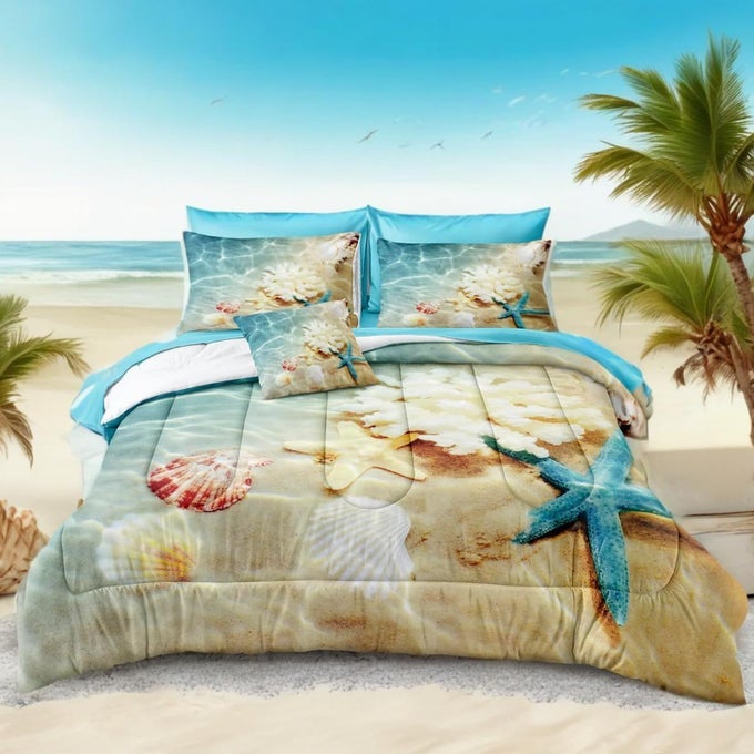 COASTAL BEDDING FULL SIZE COMFORTER SET WITH SHEETS BEACH COMFORTER BED SET 8 PCS OCEAN DUVET SET SOFT LIGHTWEIGHT DOWN ALTERNATIVE COMFORTER BEACH ROOM DECOR FOR BOYS GIRLS OCEANFULL
