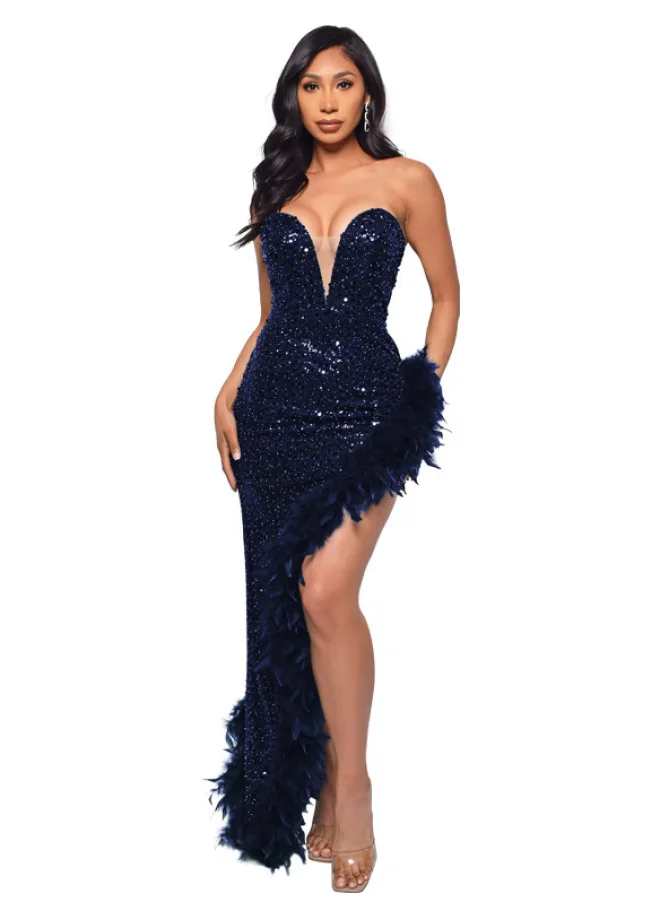 SIMPLEE European American Strapless Backless Sequin Feather Dress