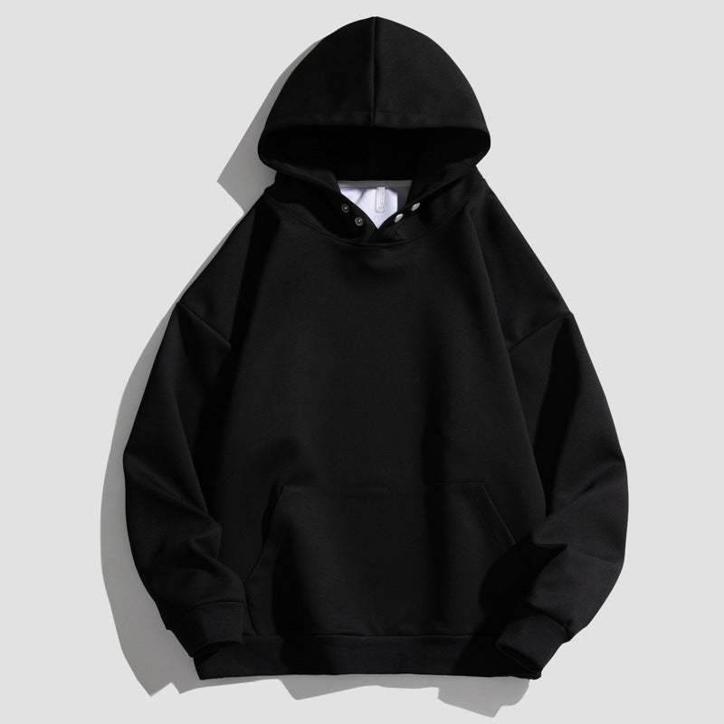 Collar Button Design 400g Heavy Spring Autumn and Winter Shoulder Sweater Mens Loose Hoodie Mens Casual 9170 Black-fleece-lined