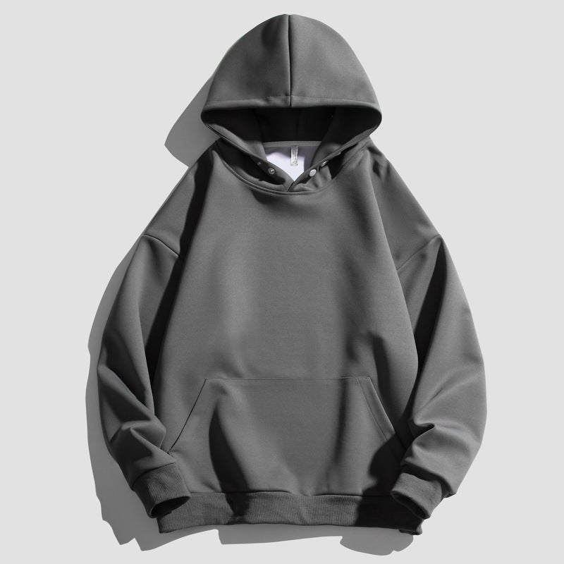 Collar Button Design 400g Heavy Spring Autumn and Winter Shoulder Sweater Mens Loose Hoodie Mens Casual 9170 Black-fleece-lined