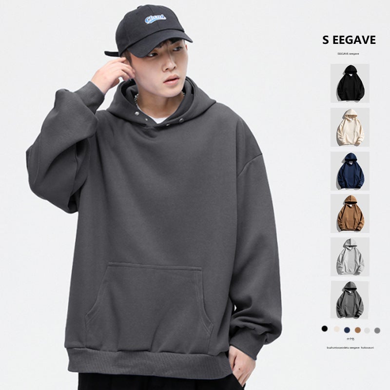 Collar Button Design 400g Heavy Spring Autumn and Winter Shoulder Sweater Mens Loose Hoodie Mens Casual 9170 Black-fleece-lined