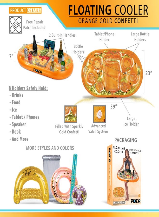 POZA Inflatable Orange Gold Floating Cooler - Drink Holder Filled with Sparkly Confetti, Premium Party Float with 8 Cup Holders, Serving Bar for Beach, Lake, Hot Tub, Jacuzzi and Pool - 39x23 Inch - Image 3