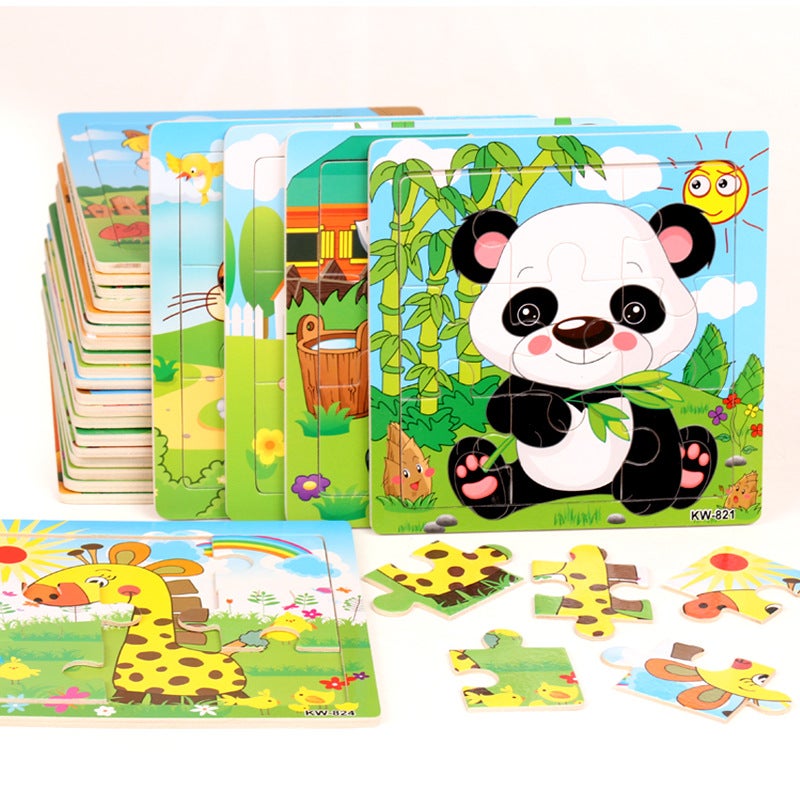 9-Piece Wooden Jigsaw Puzzle With Base, Early Education Educational Toy Featuring Animals And Transportation, Cartoon Splicing - Image 2