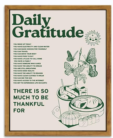 Framed Retro Poster for Room Aesthetic  Vintage Green Inspirational Quotes Canvas Wall Art  Daily Gratitude Posters for Room Aesthetic  Cute Sunflower Butterfly Retro Wall Decor for Bedroom