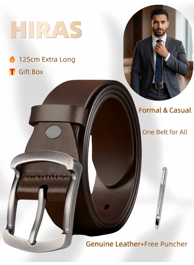 حِرَاس حزام رجالي من الجلد الطبيعي بني - 125 سم للاستخدام الرسمي والكاجوال مع إبزيم قابل للتعديل، حزام جلد للجينز والبدلة الرجالية، يشمل أداة ثقب مجانية وعلبة هدايا - Image 1