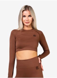 Nylon Long Sleeve Crop Top with Round Neck Women's Cropped T Shirt for Workout Yoga Running Exercise Brown Biscuit Color