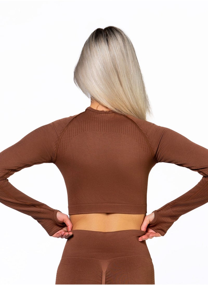 Bernessi - Nylon Long Sleeve Crop Top with Round Neck Women's Cropped T Shirt for Workout Yoga Running Exercise Brown Biscuit Color - Image 1