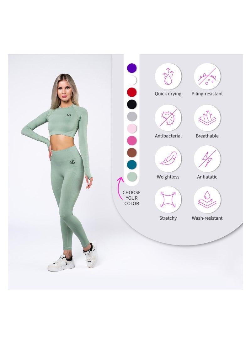 Bernessi - Nylon Long Sleeve Crop Top with Round Neck Women's Cropped T Shirt for Workout Yoga Running Exercise Brown Biscuit Color - Image 1