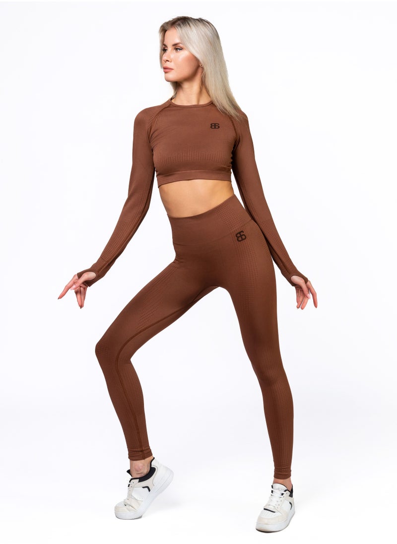 Bernessi - Nylon Long Sleeve Crop Top with Round Neck Women's Cropped T Shirt for Workout Yoga Running Exercise Brown Biscuit Color - Image 1