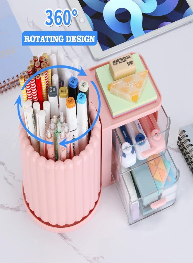 LETURE Rotating Office Desk Organizers and Accessories with 2 Drawer, Pencil Pen Marker Holder for Desk, Desktop Storage Organizers and Accessories for Office Home Art Supplies (Pink) - Image 3
