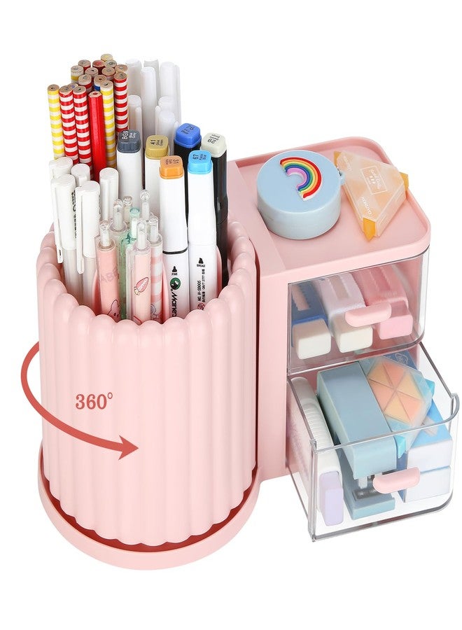 LETURE Rotating Office Desk Organizers and Accessories with 2 Drawer, Pencil Pen Marker Holder for Desk, Desktop Storage Organizers and Accessories for Office Home Art Supplies (Pink) - Image 1