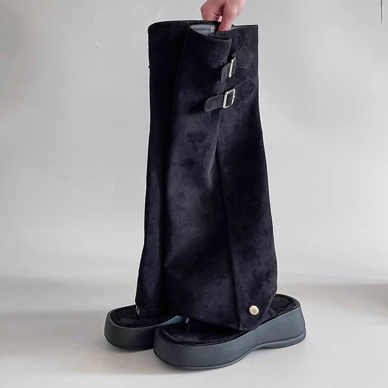 Spice Girls Style Pants Boots Heap Boots 2025 Spring and Summer Wear Height Increased Slimming Long Sandals Roman Slippers Womens Sandals Black