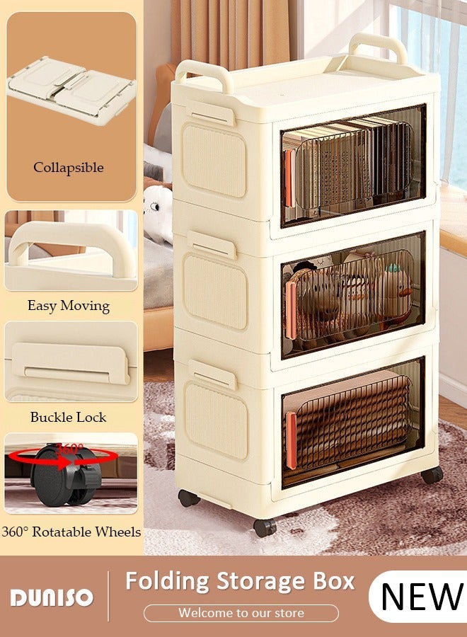 DUNISO 3 Layers Folding Storage Box with Lids, Plastic Stackable Storage Box Storage Bins with Wheels and Doors，37 cm Wide Large Capacity Cabinet for Clothes, Toys, Snacks, Books, Multifunction Container for Home, Office and Outdoor - Image 1
