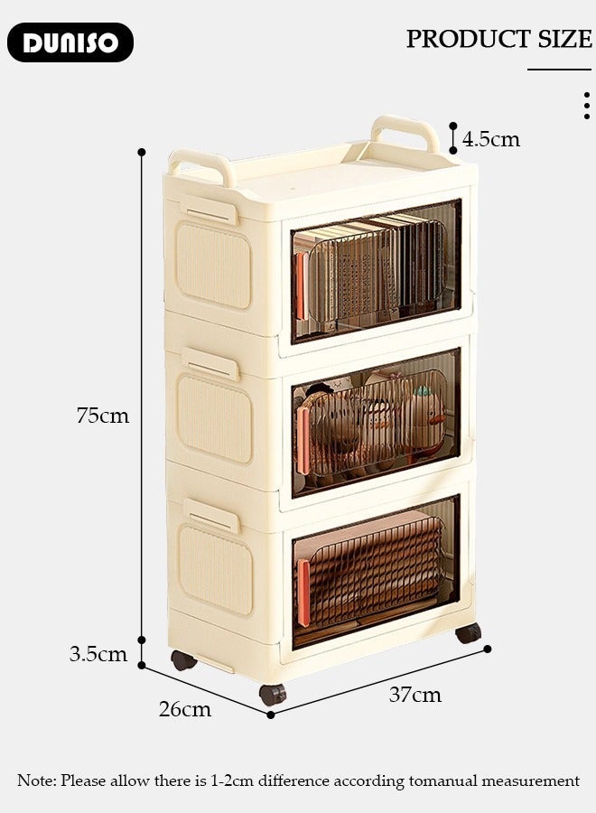 DUNISO 3 Layers Folding Storage Box with Lids, Plastic Stackable Storage Box Storage Bins with Wheels and Doors，37 cm Wide Large Capacity Cabinet for Clothes, Toys, Snacks, Books, Multifunction Container for Home, Office and Outdoor - Image 4