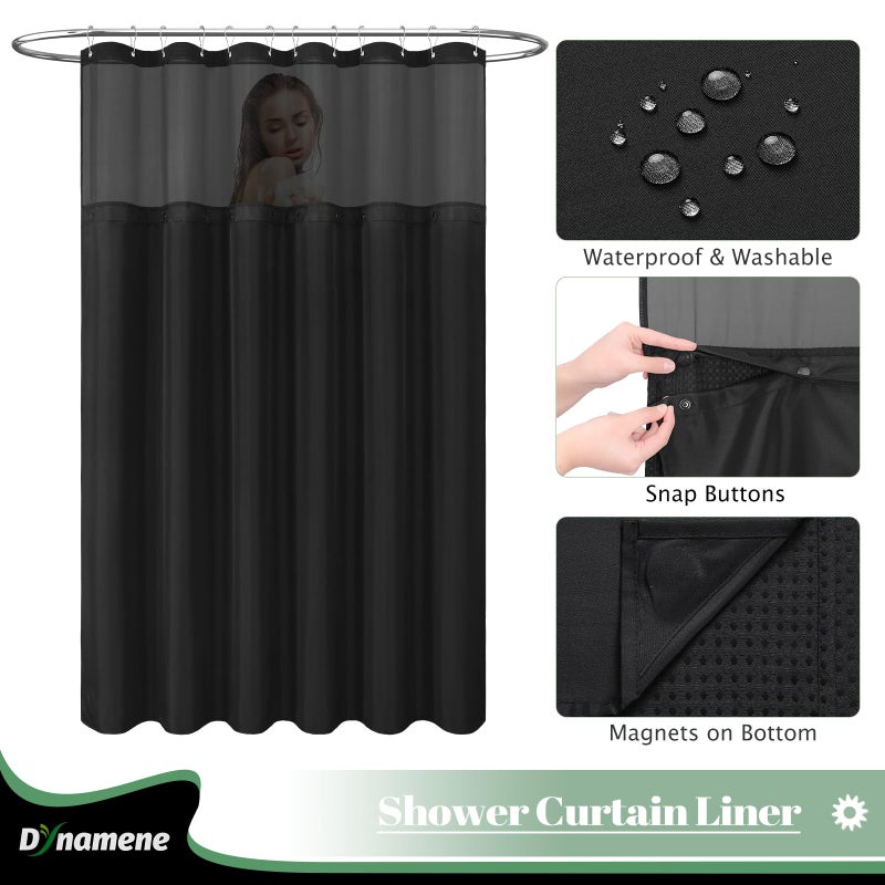 Dynamene 78 Inch Long Shower Curtain  Tall Waffle Fabric Shower Curtains for Bathroom  Hotel Waterproof Cloth Shower Curtain Liner Set with Hooks  Snap in Liner  Mesh Top Window  Black  72x78 - Image 3