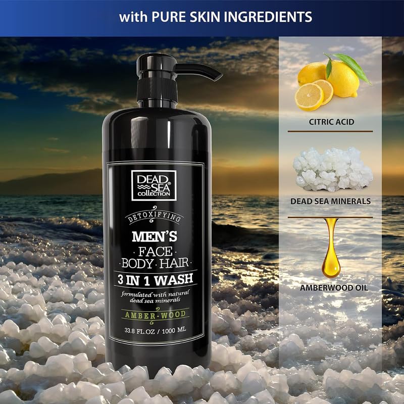 Dead Sea Collection Mens Body Wash 3 in 1 â€“ Amber Wood Body Wash for Men â€“ Shower Gel â€“ Shampoo â€“ Shower Soap for Face and Hair â€“ Pack of 2 Bottles (33.8 Fl. Oz. Each) - Image 4