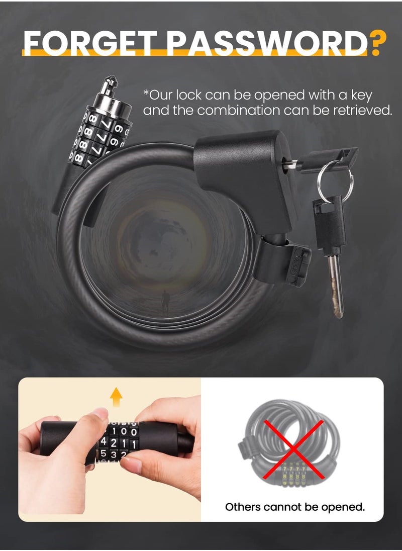 SYOSI - Bike Lock Cable with Combination and Key, Password Lost Retrievable Bicycle Lock Anti-Theft, Coiled Secure Resettable Bike Combination Lock with Mounting Bracket for Bikes and Scooters - Image 1
