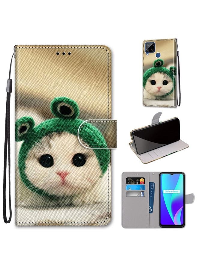 HuHa Case Cover For Realme C15 / C12 / C25 / 7i Global / Narzo 20 / 30A Coloured Drawing Cross Texture Horizontal Flip PU Leather Case with Holder & Card Slots & Wallet & Lanyard Frog Kitten 