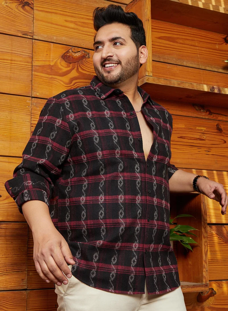 Instafab Plus Men's Onyx Black & Crimson Red Indie-Checkered Shirt For Casual Wear | Spread Collar | Long Cuffed Sleeves | Button Closure | Plus Size Shirt Crafted With Comfort Fit For Everyday Wear