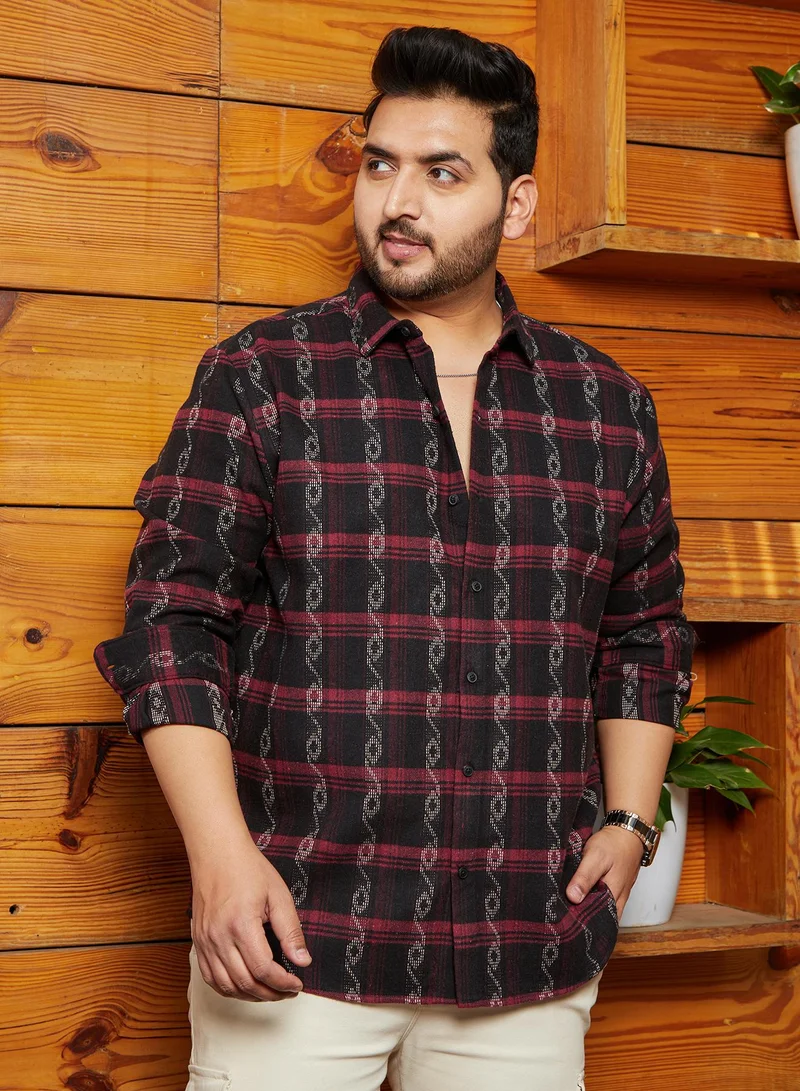 Instafab Plus Men's Onyx Black & Crimson Red Indie-Checkered Shirt For Casual Wear | Spread Collar | Long Cuffed Sleeves | Button Closure | Plus Size Shirt Crafted With Comfort Fit For Everyday Wear