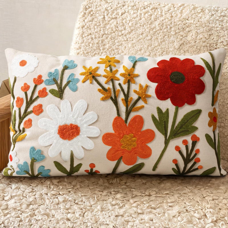 Kokaaee Embroidered Lumbar Pillow Covers 20x12 Inch - Summer Boho Decorative Pillow Cover with Zipper for Living Room Couch Sofa Bed Aesthetic Design Flower Cluster Linen Cushion Pillowcase - Image 1